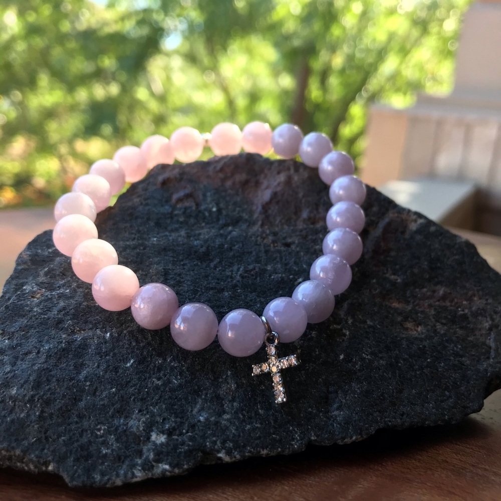 Grade A Pink Quartz Silver Pace CZ Cross Bracelet - Picture 2 of 2